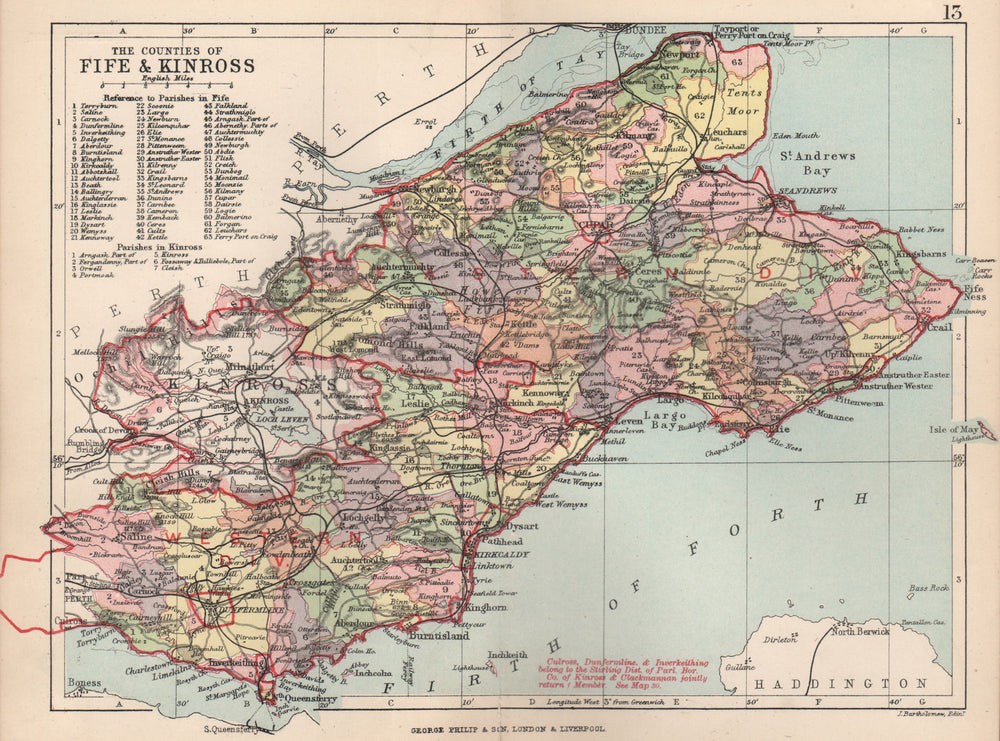 'The Counties of Fife & Kinross'. Kinross-shire. Parishes. BARTHOLOMEW 1891 map