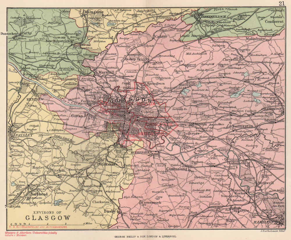'Environs of Glasgow'. Parishes. BARTHOLOMEW 1891 old antique map plan chart