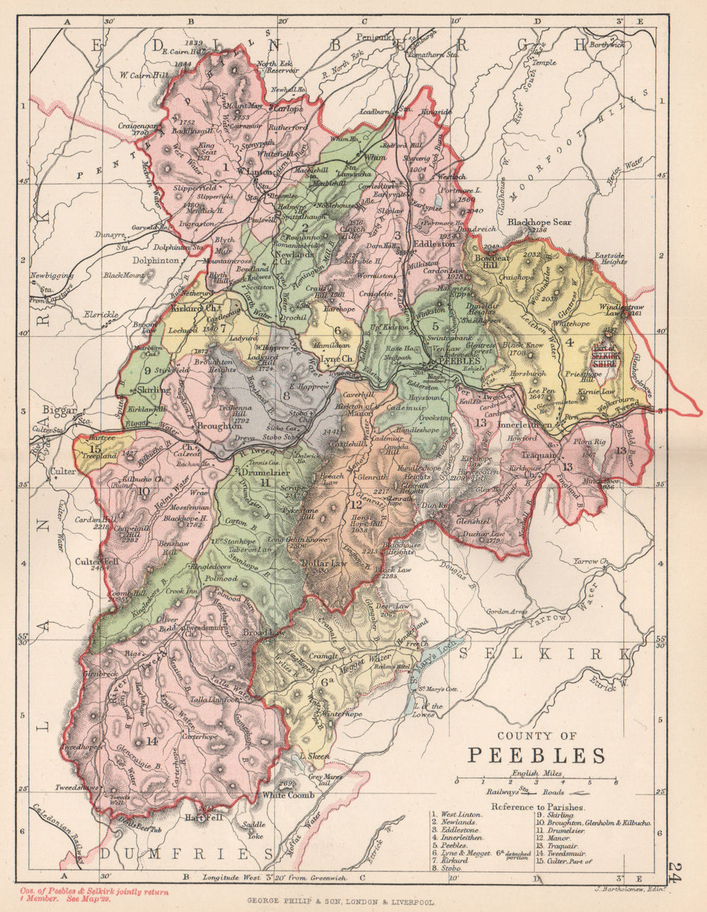 Postcode Map Peebles 'County of Peebles'. Peeblesshire. Parishes. BARTHOLOMEW 1891 old ...