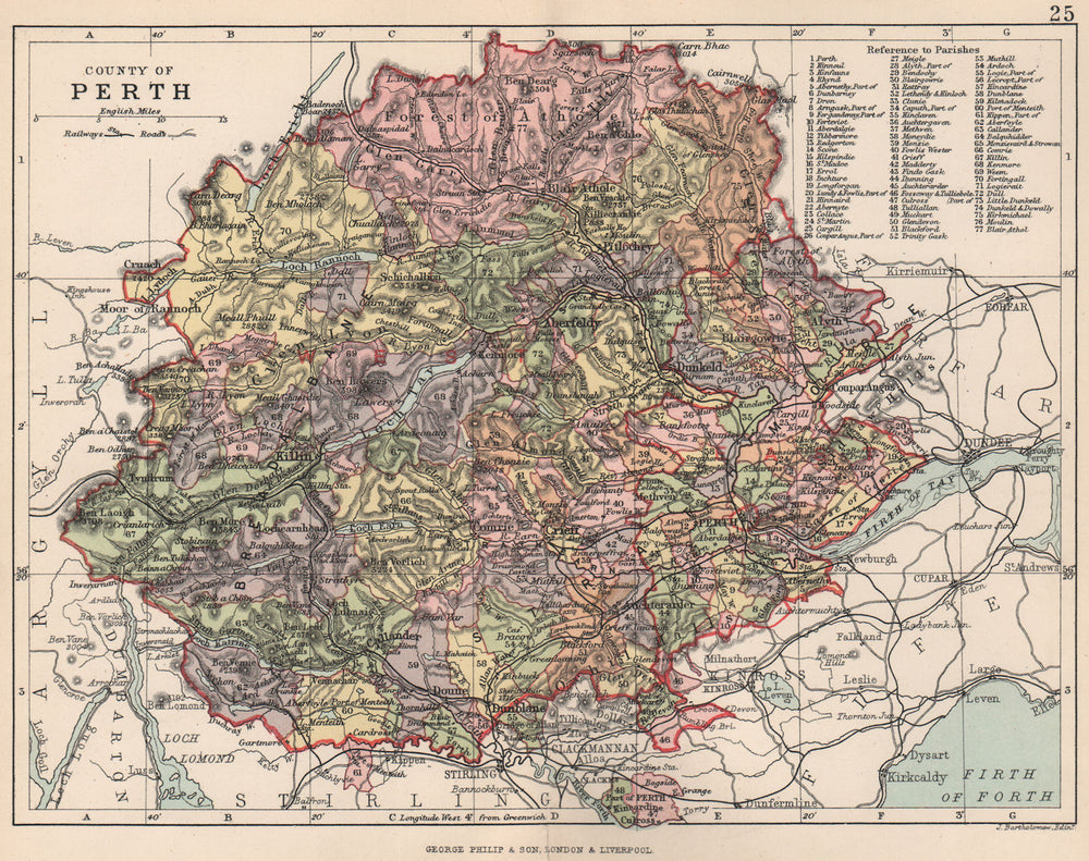 'County of Perth'. Perthshire. Parishes. BARTHOLOMEW 1891 old antique map