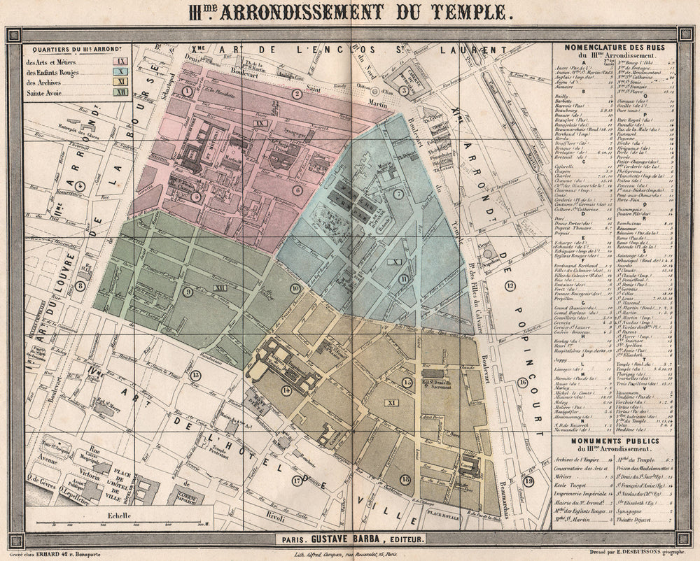 PARIS 3e 3rd IIIme arrondissement du Temple. BARBA 1860 old antique map chart