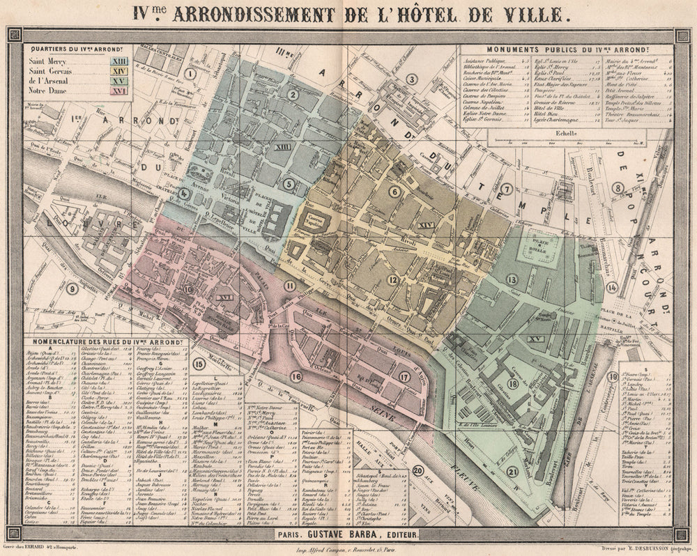 PARIS 4e 4th IVme arrondissement de l'Hôtel de Ville. BARBA 1860 old map