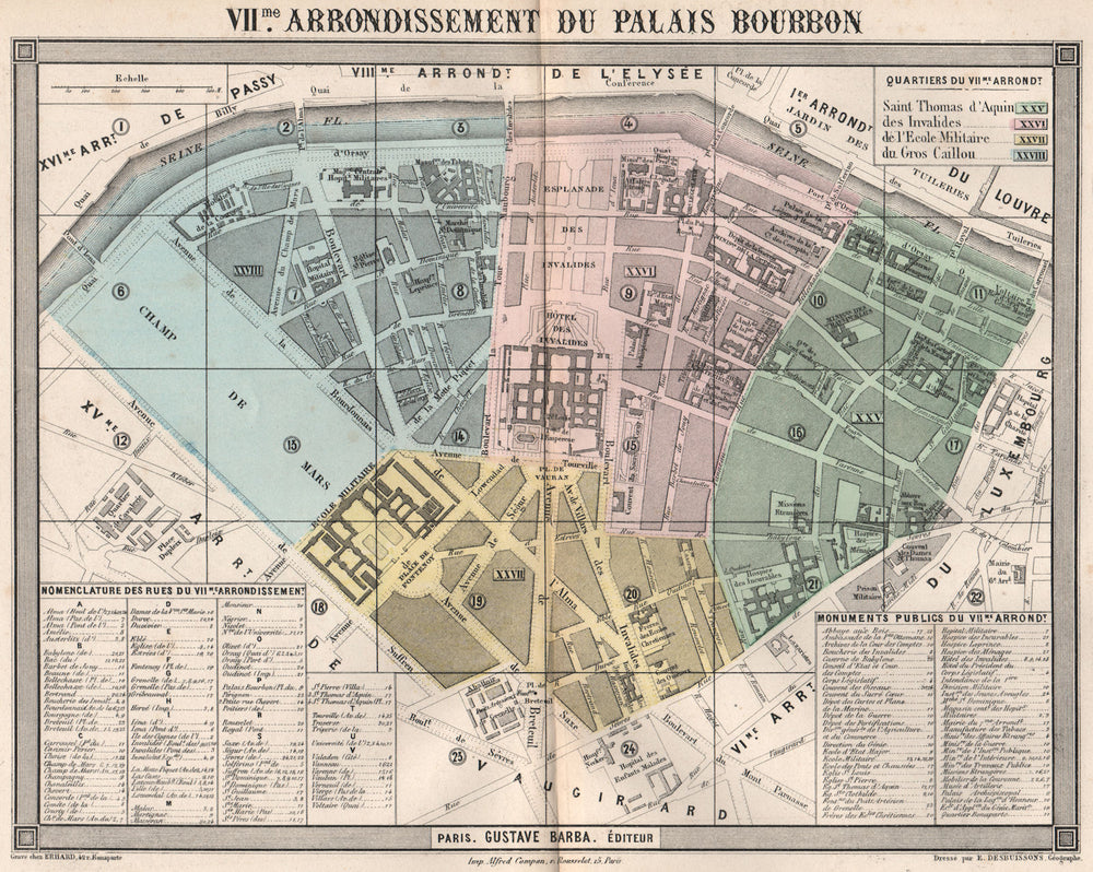 PARIS 7e 7th VIIme arrondissement du Palais Bourbon. BARBA 1860 old map