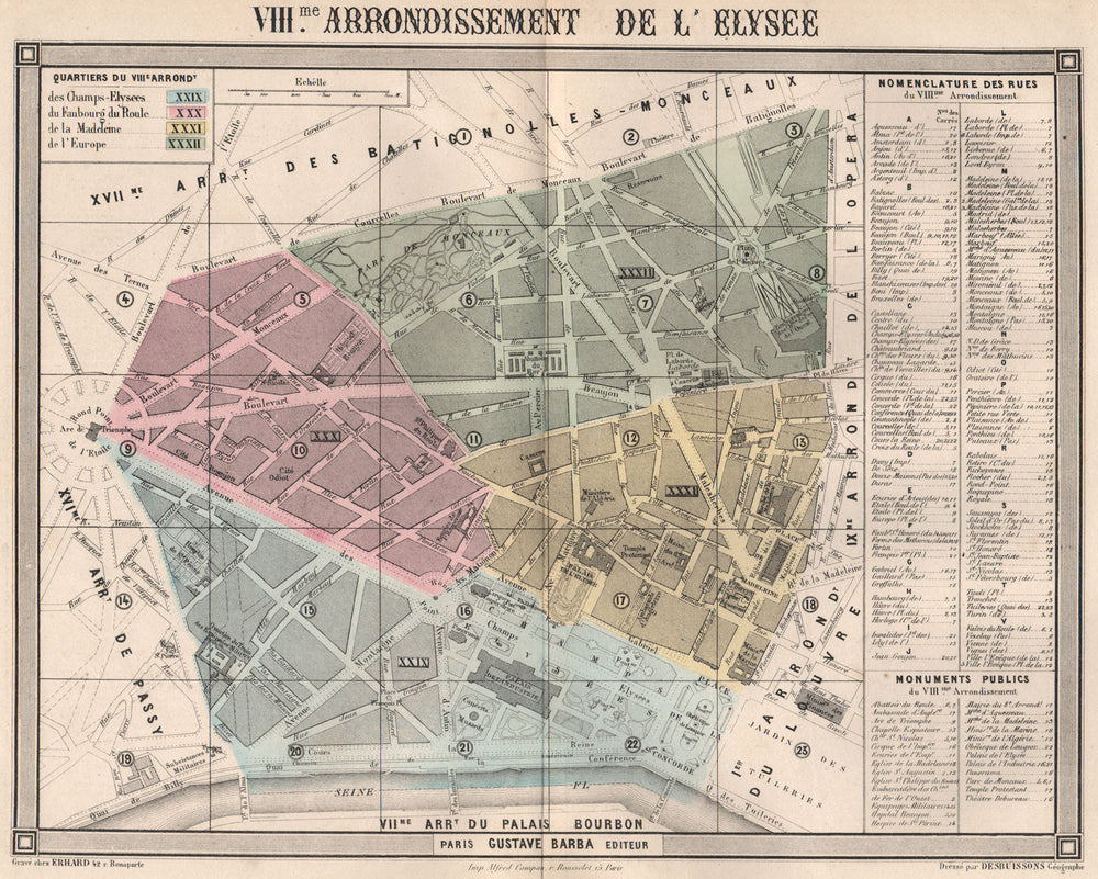 PARIS 8e 8th VIIIme arrondissement de l'Élysée. BARBA 1860 old antique map