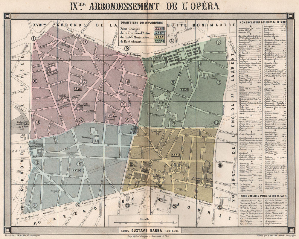 PARIS 9e 9th IXme arrondissement de l'Opéra. BARBA 1860 old antique map chart