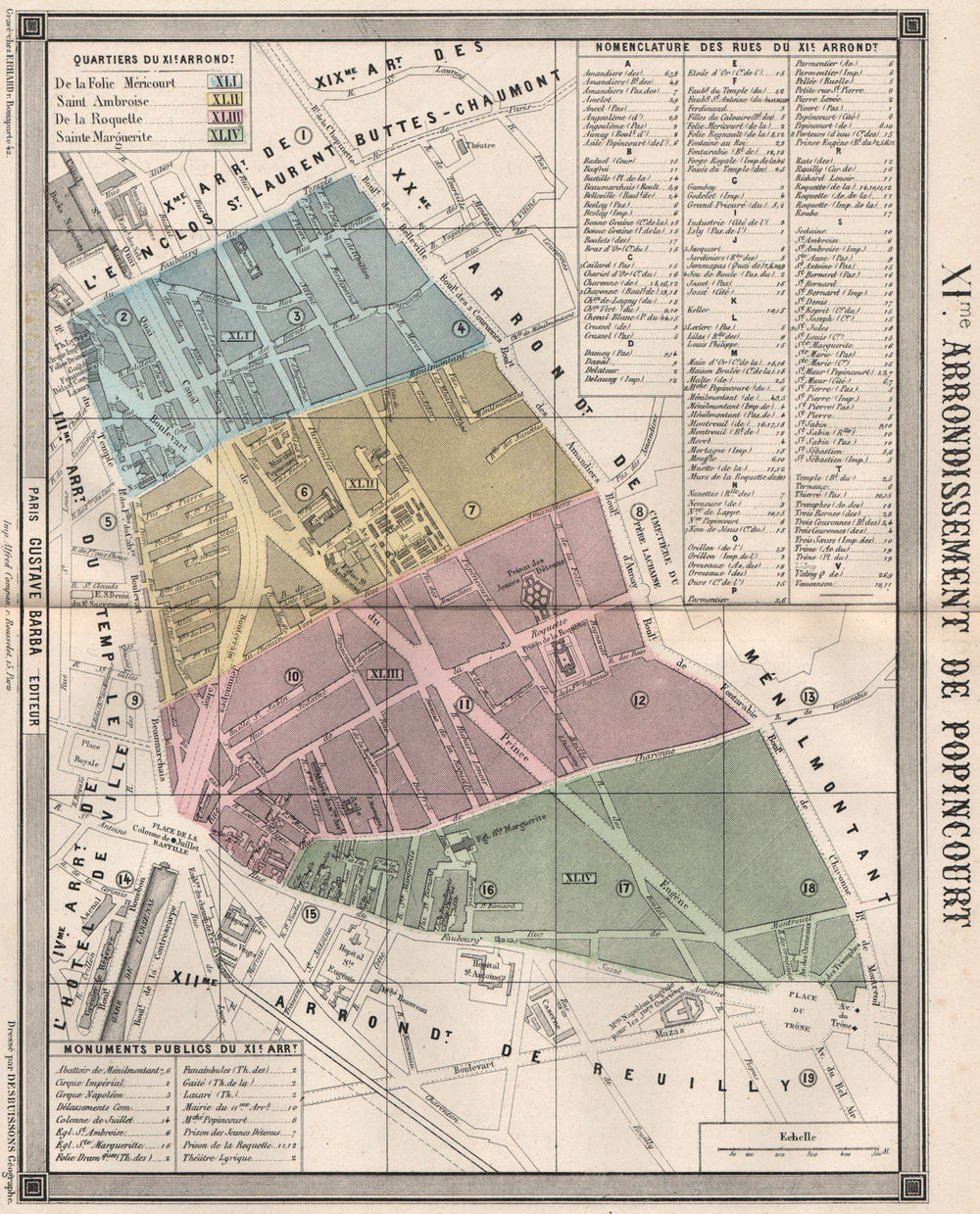 PARIS 11e 11th XIme arrondissement de Popincourt. BARBA 1860 old antique map