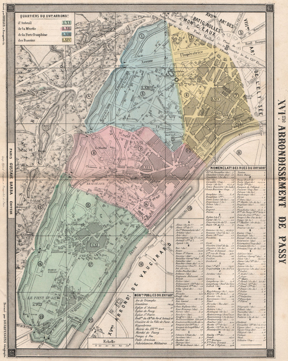 PARIS 16e 16th XVIme arrondissement de Passy. BARBA 1860 old antique map chart