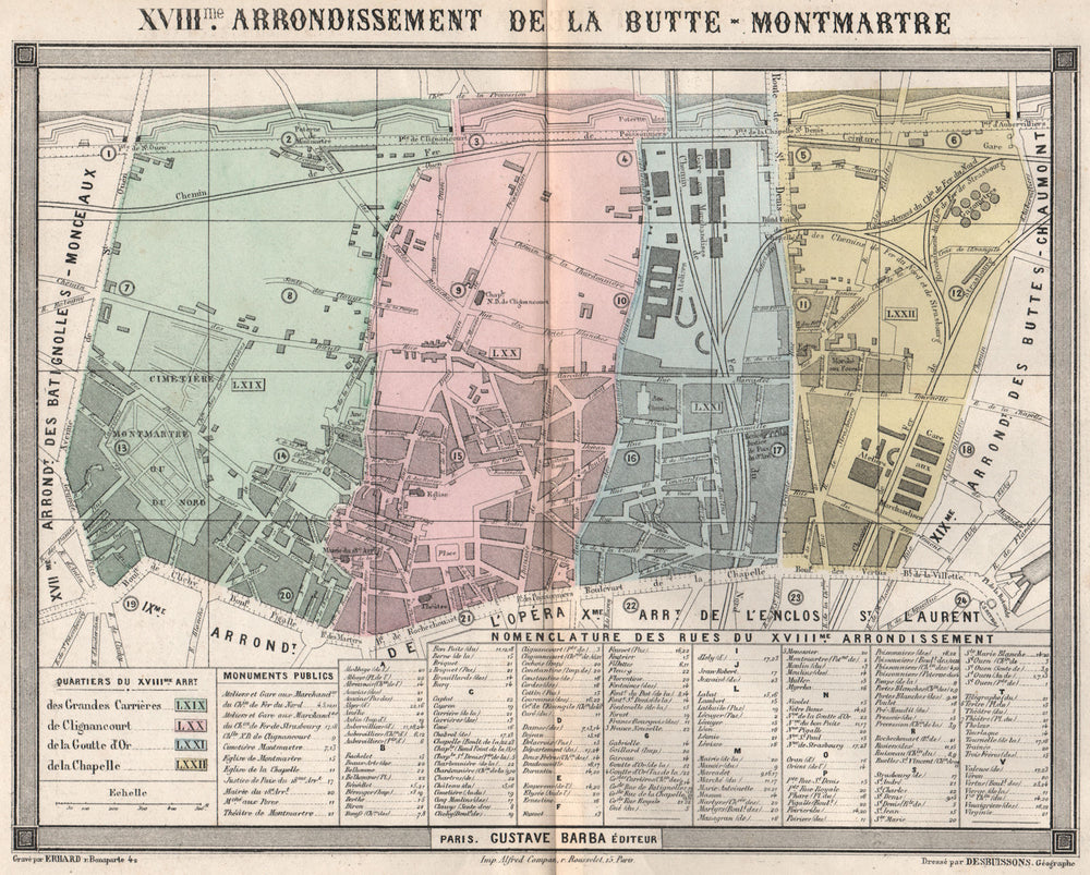 PARIS 18e 18th XVIIIme arrondissement de la Butte-Montmartre. BARBA 1860 map