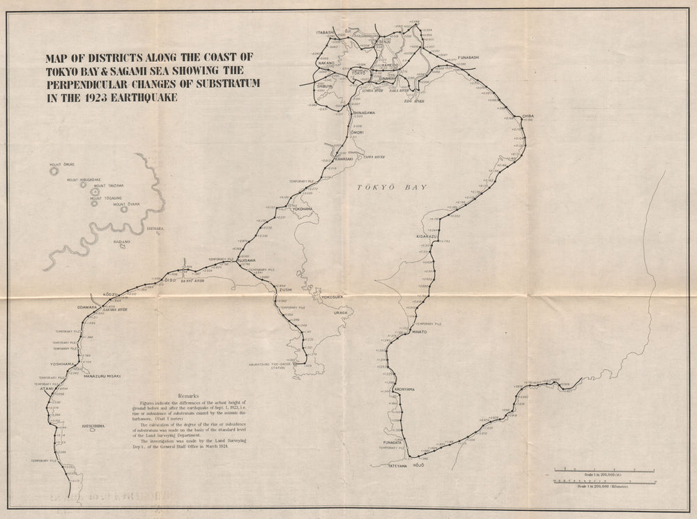 GREAT KANTO EARTHQUAKE 1923. Tokyo Bay. Perpendicular substratum change 1926 map