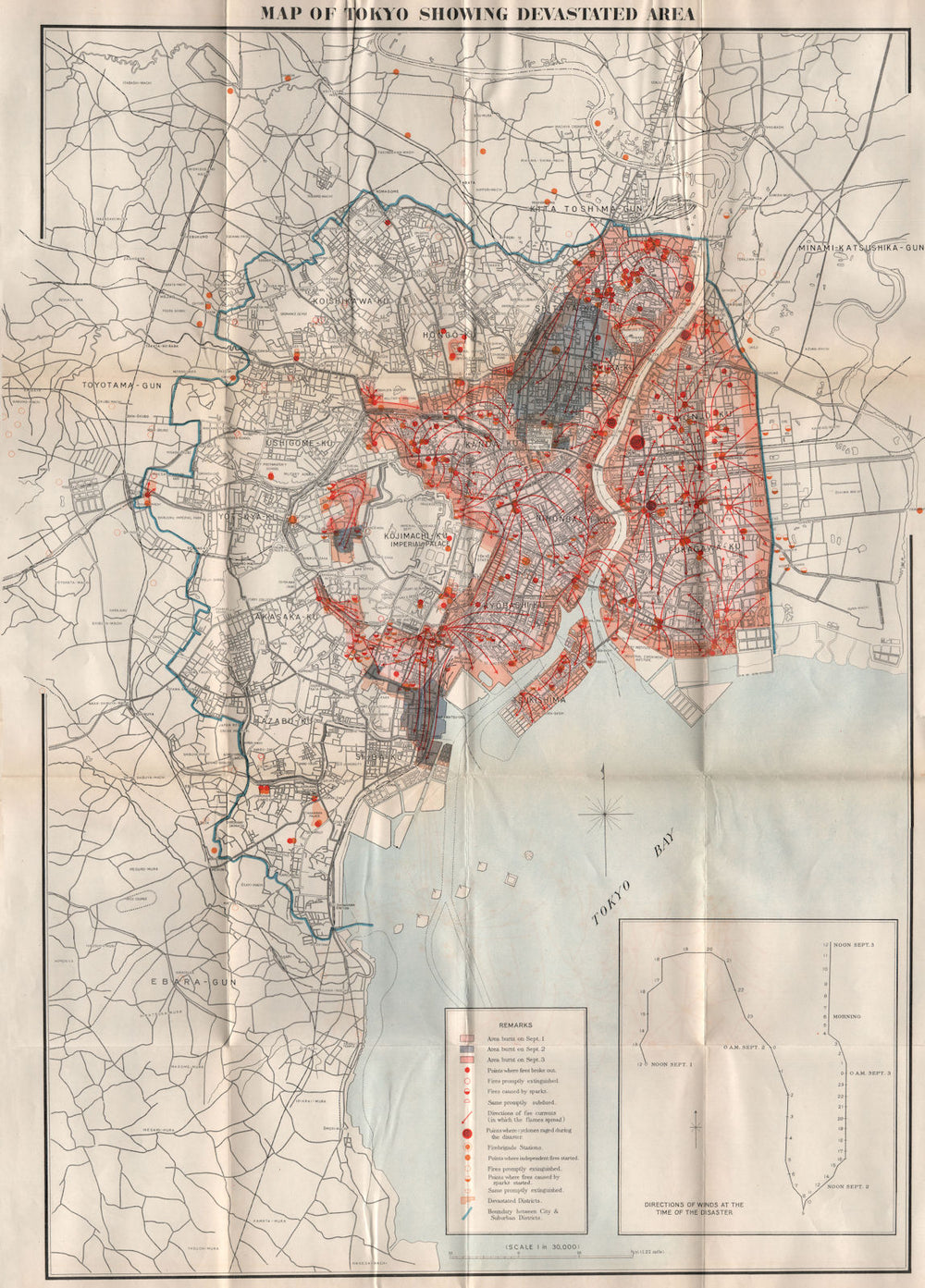 GREAT KANTO EARTHQUAKE 1923. Tokyo showing devastated area/fires. Japan 1926 map
