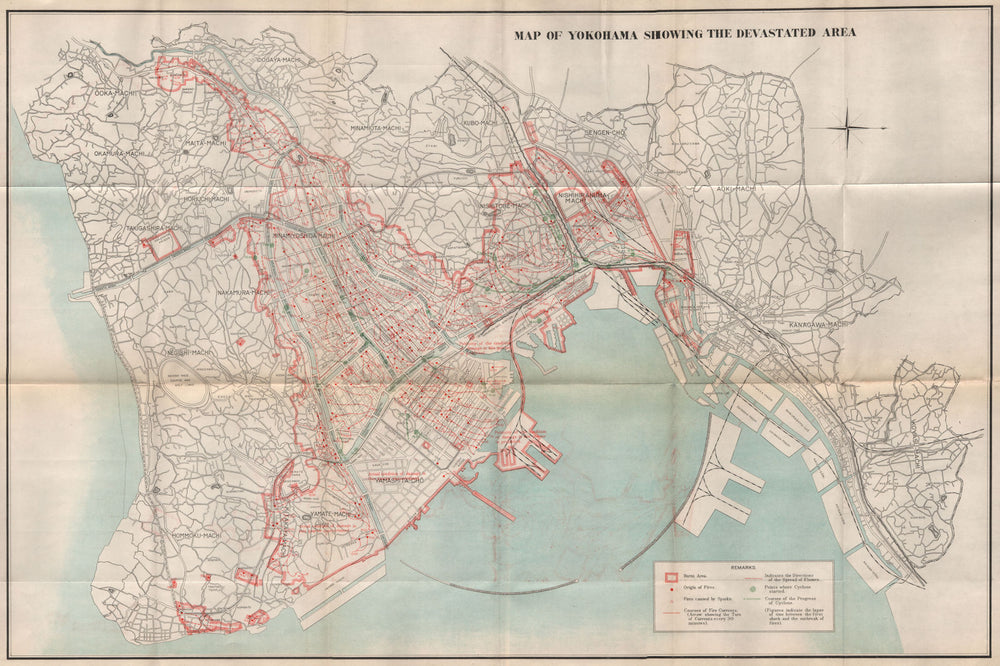 GREAT KANTO EARTHQUAKE 1923. Yokohama showing the devastated area/fires 1926 map