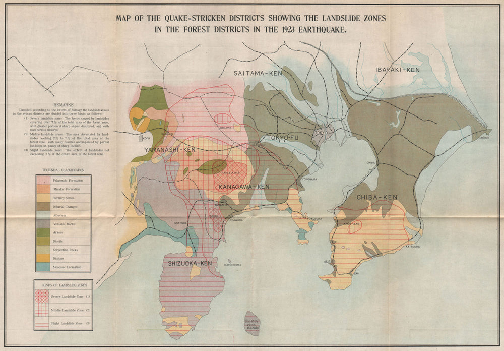 GREAT KANTO EARTHQUAKE 1923. Landslides zones. Japan Tokyo 1926 old map