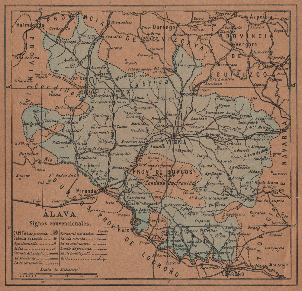 ÁLAVA ALAVA ARABA. Vitoria. Gasteiz. Euskadi. Mapa antiguo de la provincia 1905