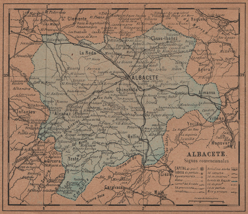 ALBACETE. Castilla-La Mancha. Mapa antiguo de la provincia 1905 old