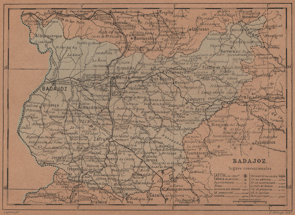 BADAJOZ. Mérida. Extremadura. Mapa antiguo de la provincia 1905 old