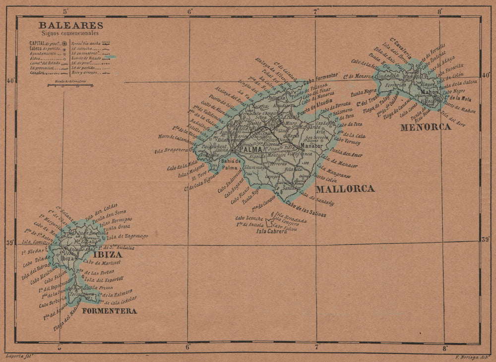 ISLAS BALEARES. ILLES BALEARS. Mallorca Ibiza Menorca. Balearic Islands 1905 map
