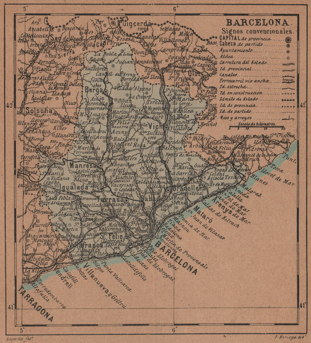 BARCELONA. Cataluña Catalunya Catalonia. Mapa antiguo de la provincia 1905