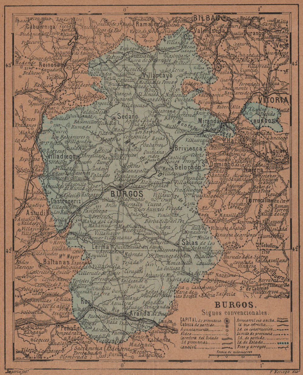 BURGOS. Castilla y León. Mapa antiguo de la provincia 1905 old antique