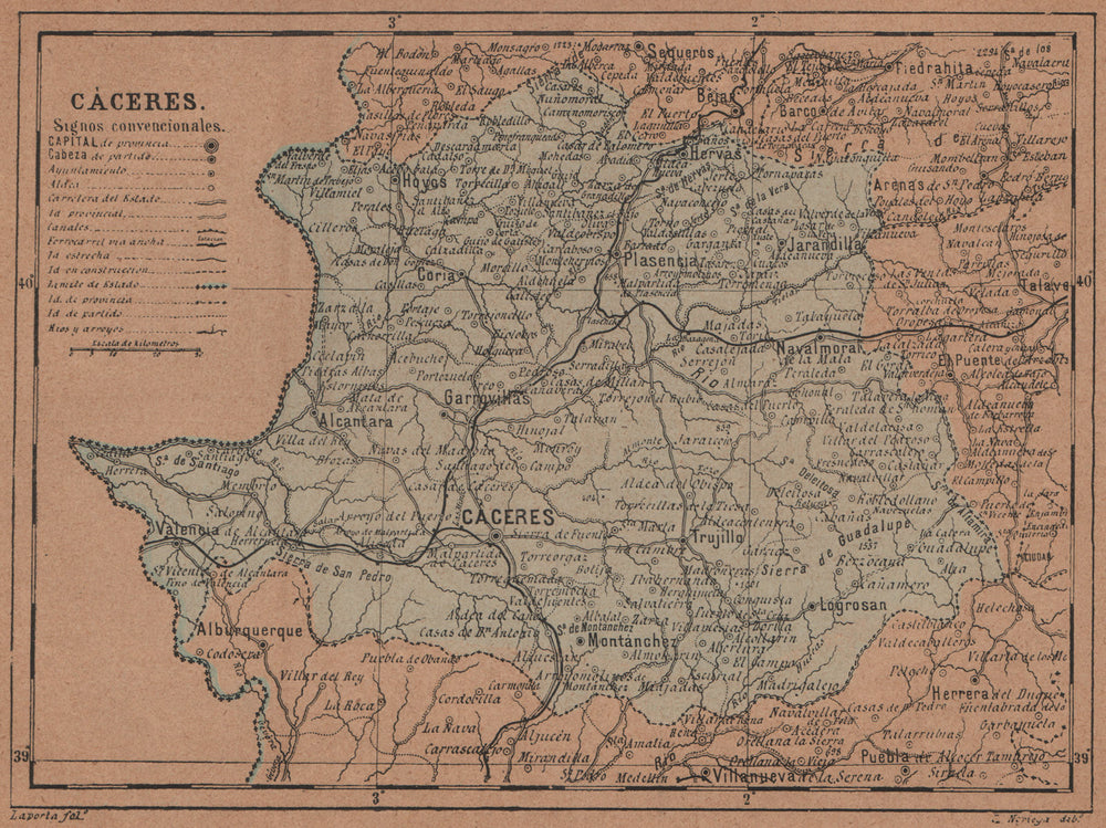 CÁCERES. Caceres. Extremadura. Mapa antiguo de la provincia 1905 old