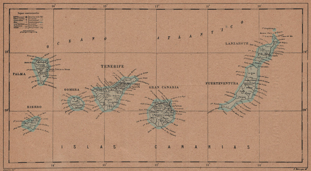 ISLAS CANARIAS. Tenerife Palma Gran Canaria Fuerteventura Lanzarote 1905 map