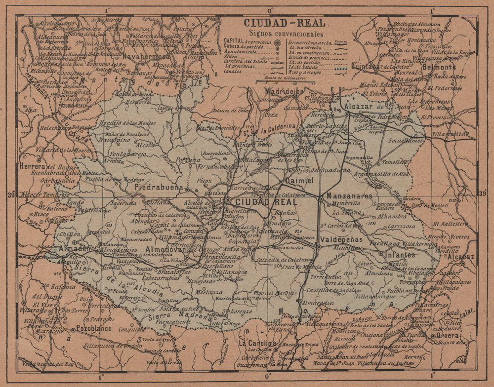 CIUDAD REAL. Castilla-La Mancha. Mapa antiguo de la provincia 1905 old