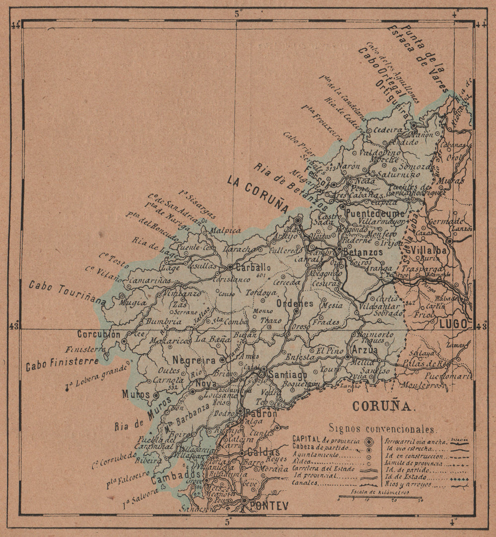 LA CORUÑA. A Coruña, La Coruna. Galicia. Mapa antiguo de la provincia 1905