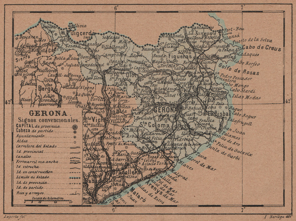 GERONA. Girona. Cataluña Catalunya Catalonia. Mapa antiguo de la provincia 1905
