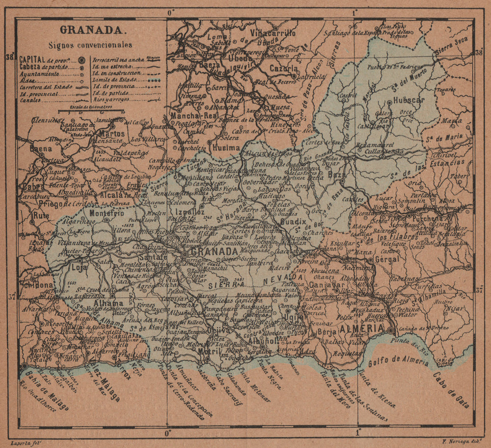 GRANADA. Andalucia. Mapa antiguo de la provincia 1905 old antique chart