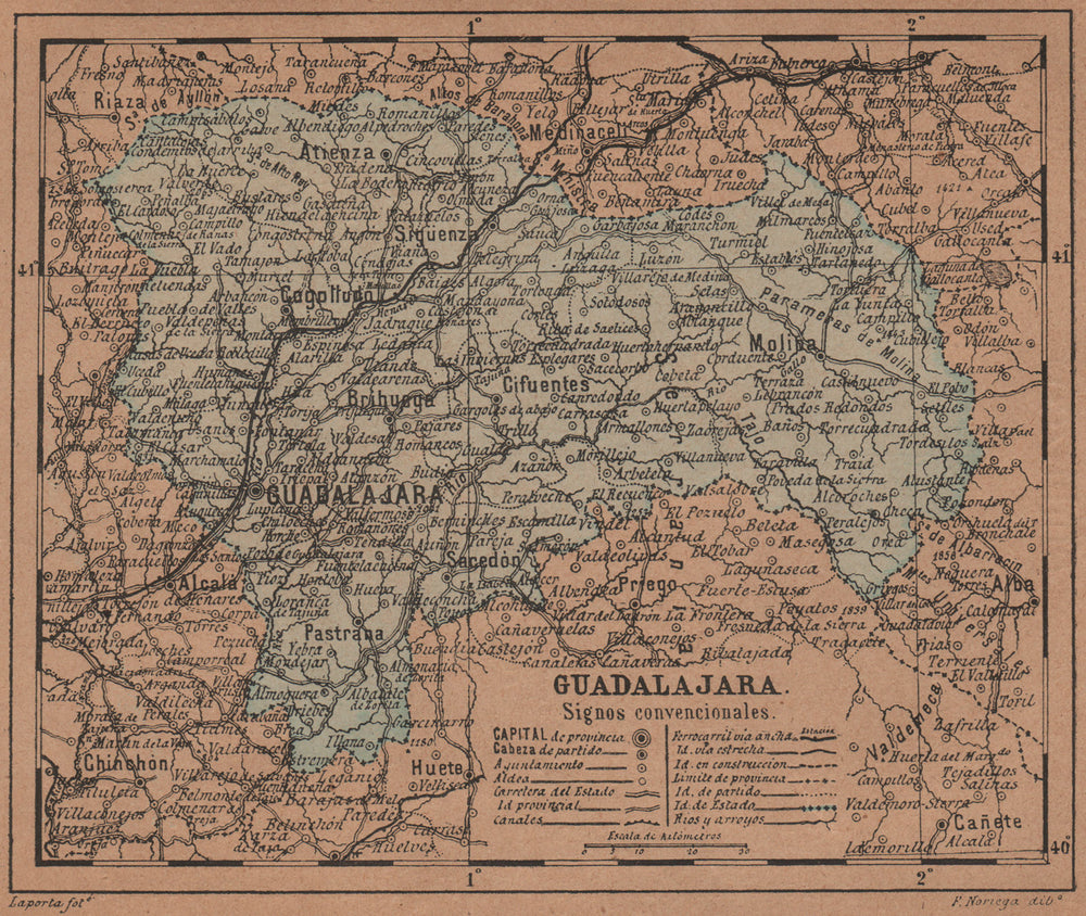 GUADALAJARA. Castilla-La Mancha. Mapa antiguo de la provincia 1905 old