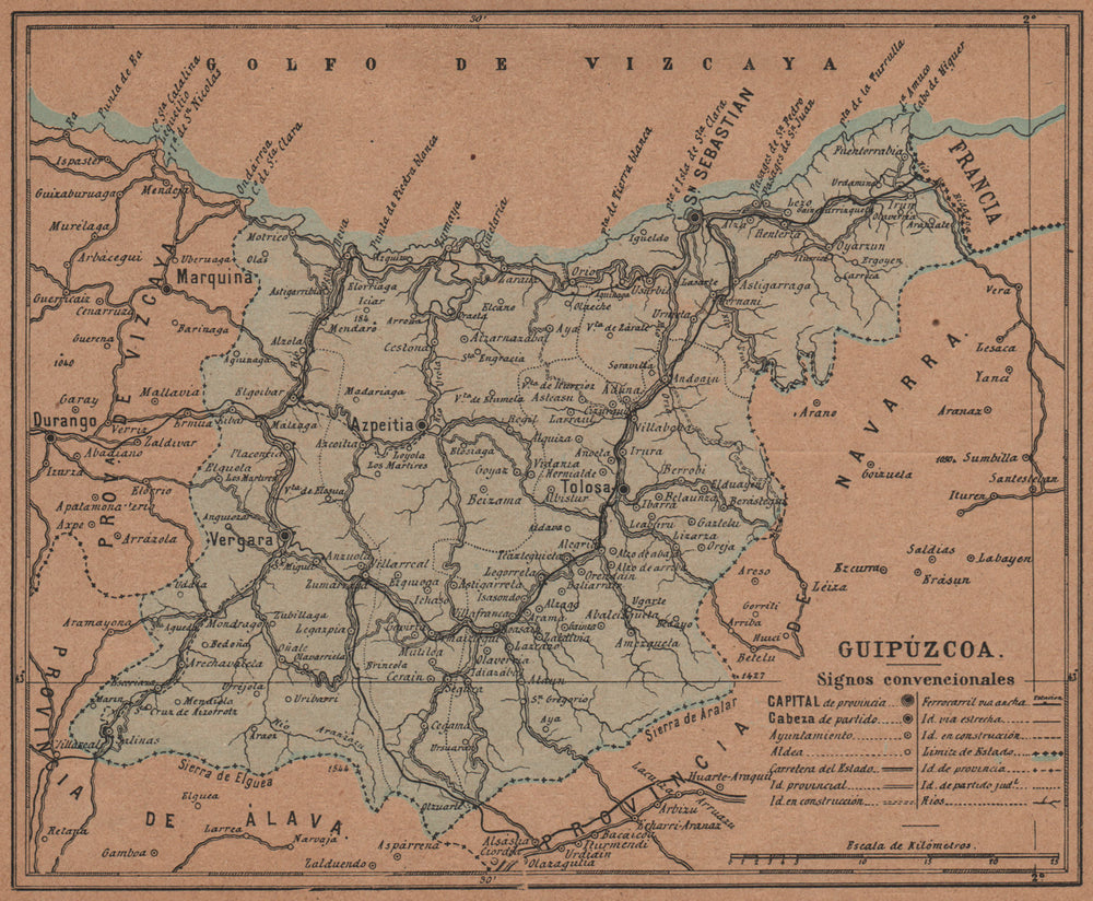 GIPUZKOA GUIPÚZCOA San Sebastián Donostia Euskadi. Mapa antiguo provincia 1905