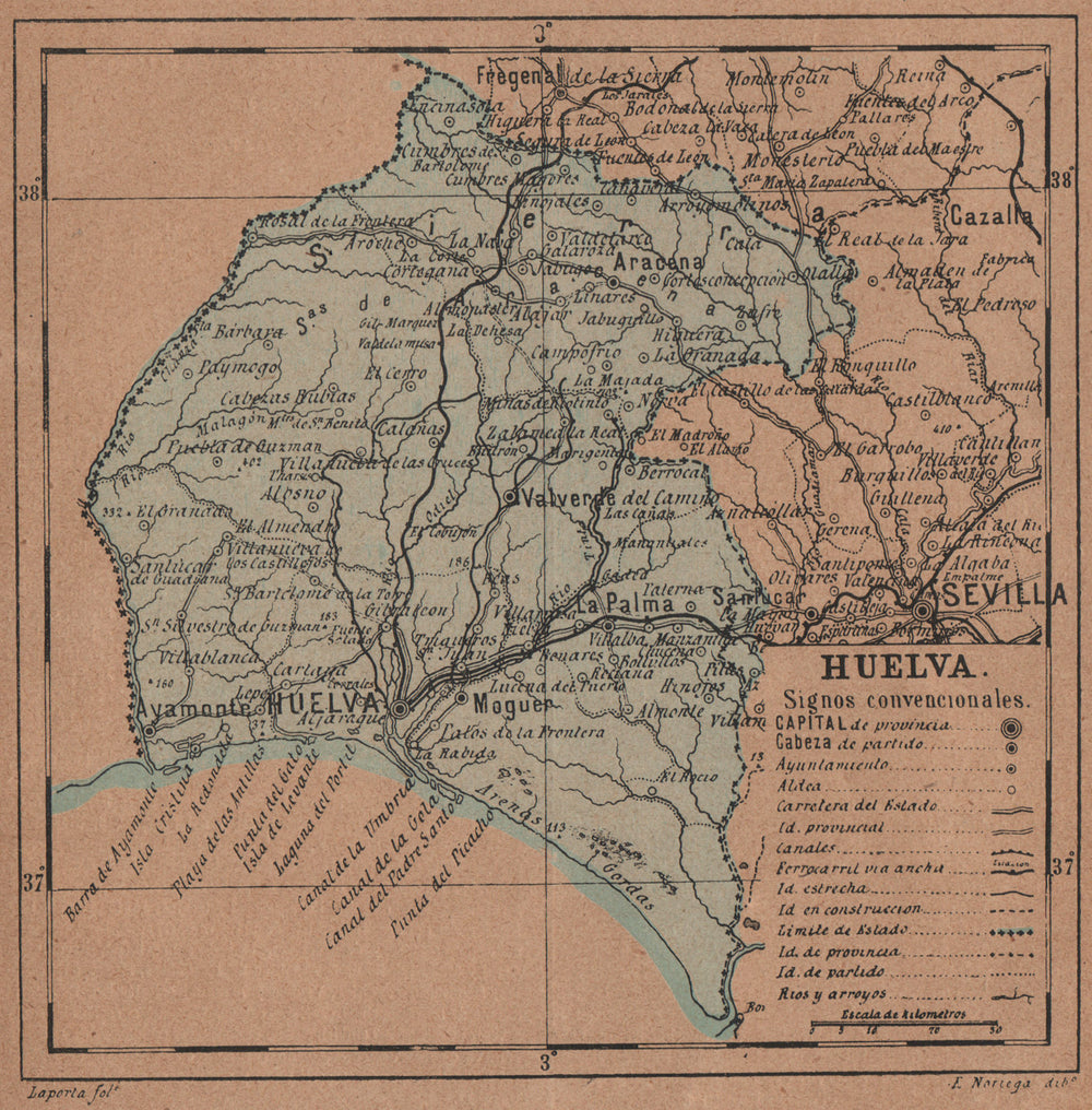 HUELVA. Andalucia. Mapa antiguo de la provincia 1905 old antique chart