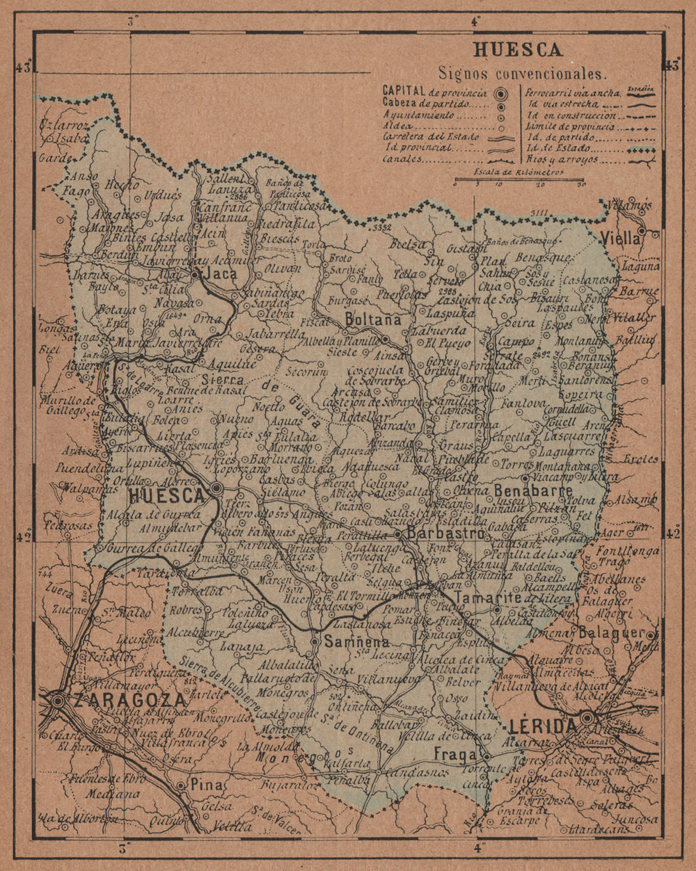 HUESCA. Aragon. Mapa antiguo de la provincia 1905 old antique plan chart