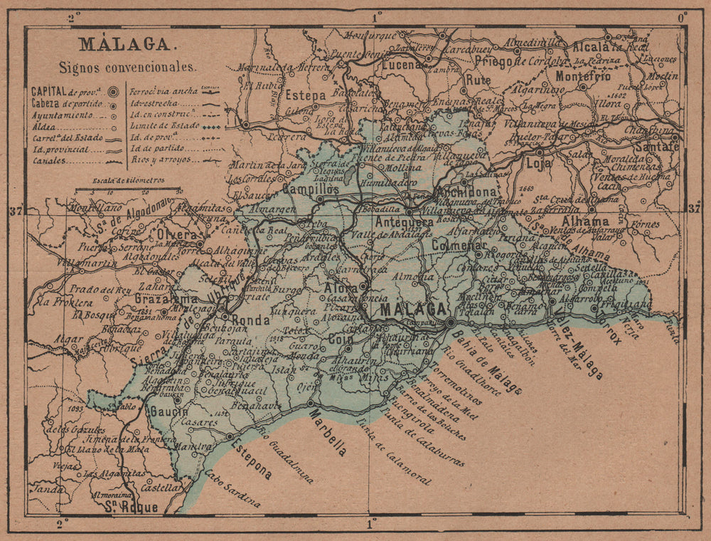 MÁLAGA. Malaga. Andalucia. Mapa antiguo de la provincia 1905 old antique