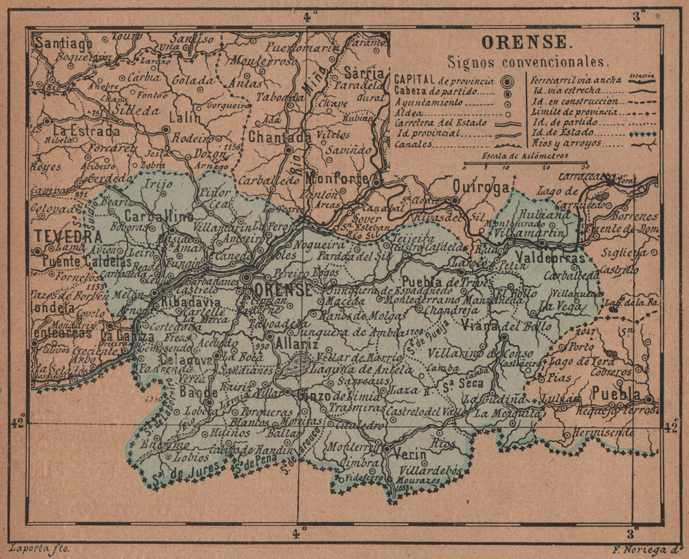 ORENSE. Ourense. Galicia. Mapa antiguo de la provincia 1905 old antique