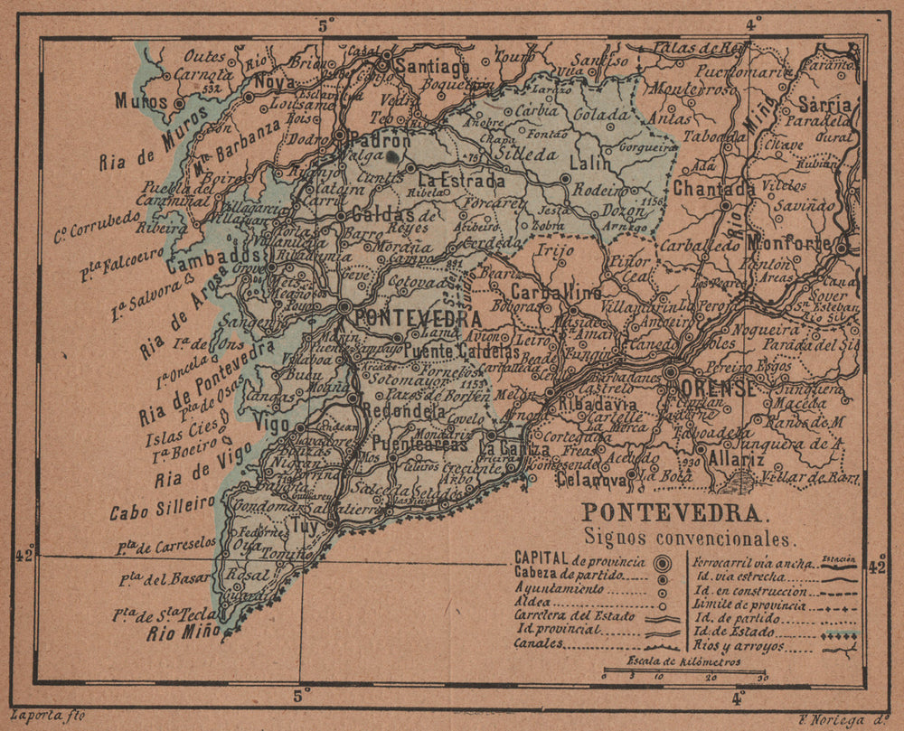 PONTEVEDRA. Galicia. Mapa antiguo de la provincia 1905 old antique chart