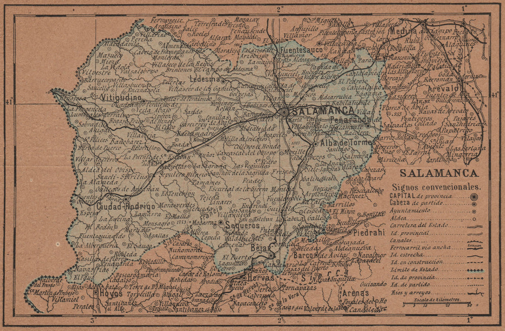 SALAMANCA. Castilla y León. Mapa antiguo de la provincia 1905 old antique