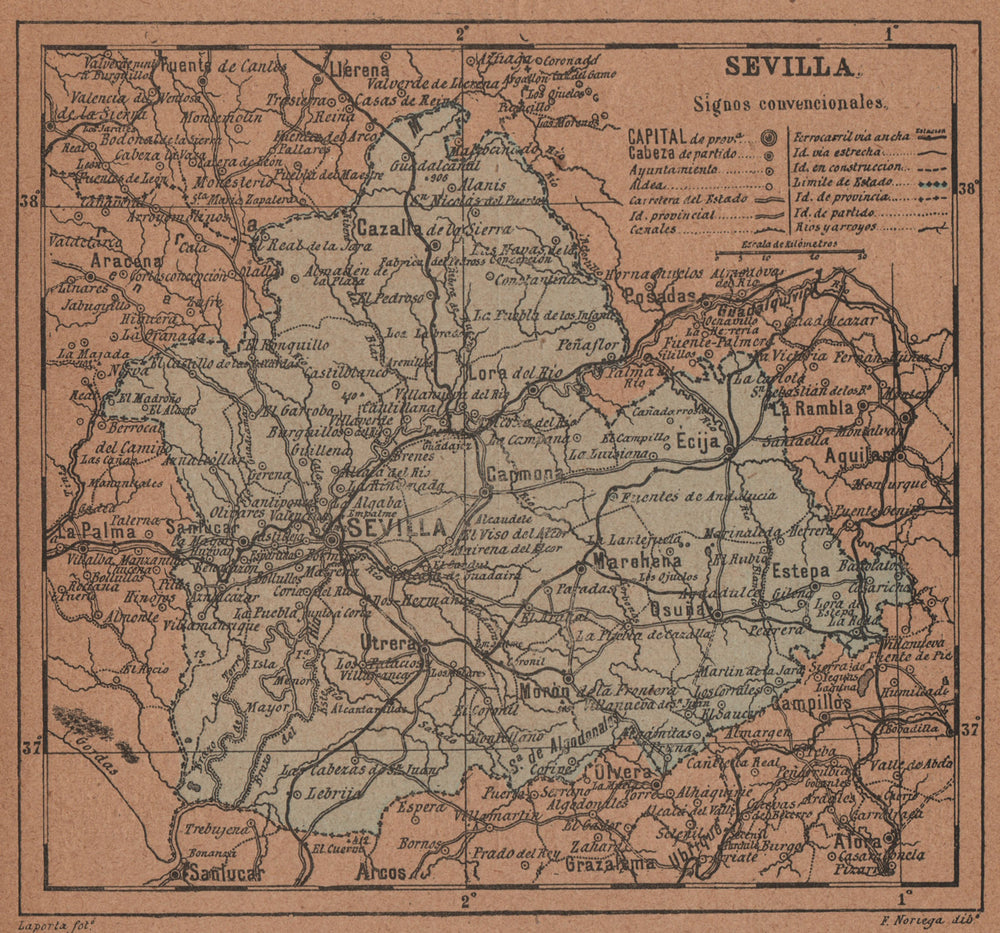 SEVILLA. Seville. Andalucia. Mapa antiguo de la provincia 1905 old antique