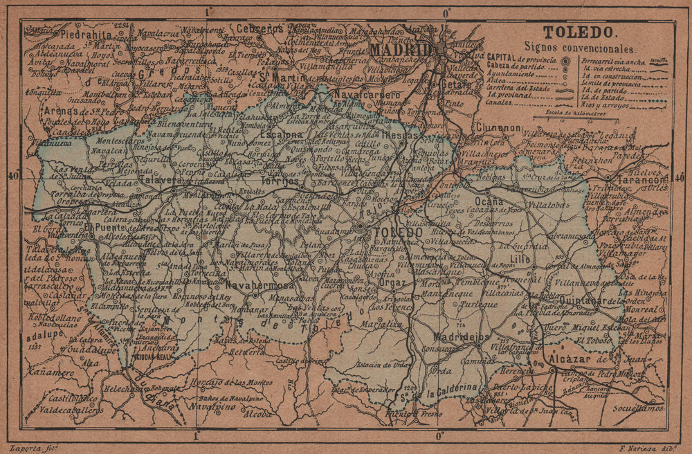 TOLEDO. Castilla-La Mancha. Mapa antiguo de la provincia 1905 old antique