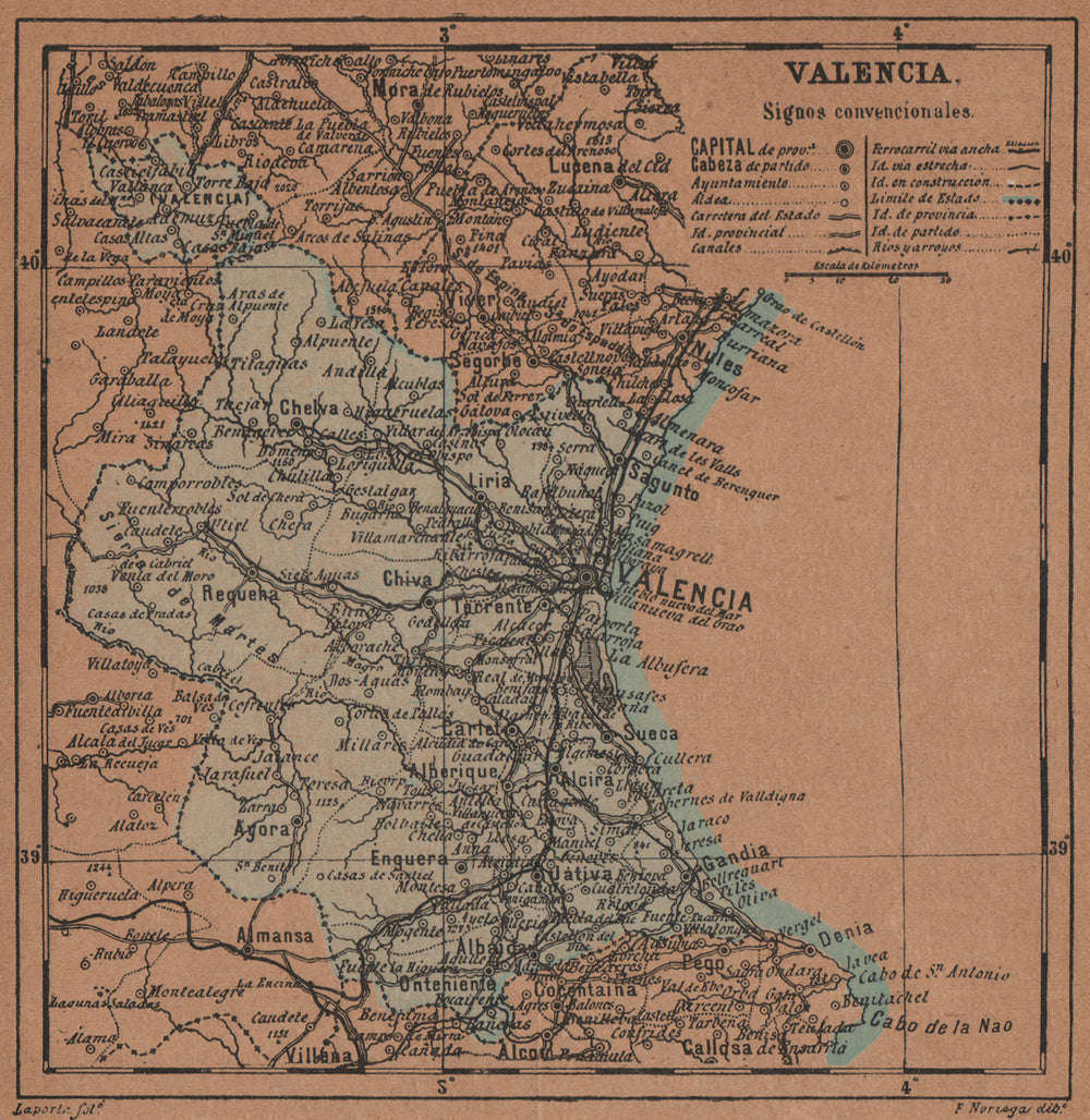 VALENCIA. València. Comunidad Valenciana. Mapa antiguo de la provincia 1905