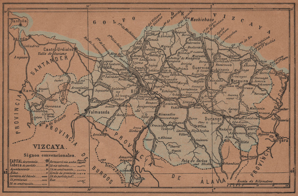 BISCAY BIZKAIA VIZCAYA. Bilbao Bilbo. Euskadi. Mapa antiguo de la provincia 1905