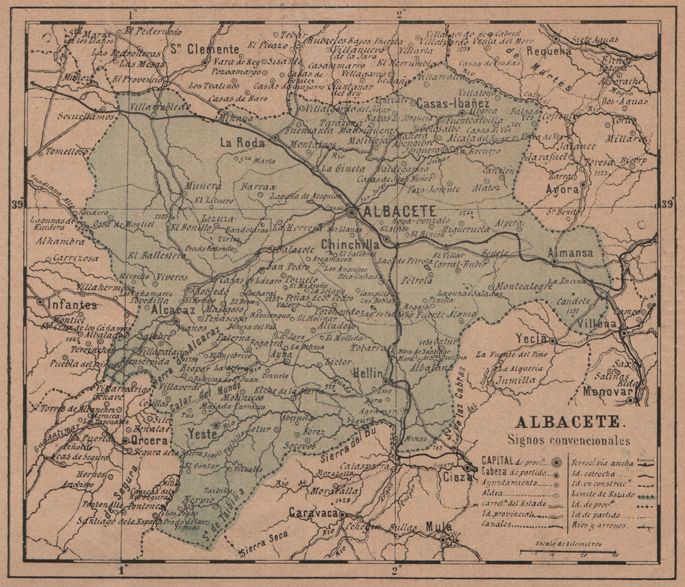 ALBACETE. Castilla-La Mancha. Mapa antiguo de la provincia 1908 old