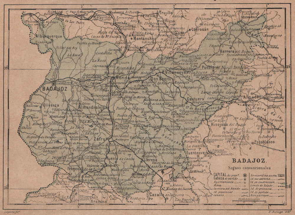 BADAJOZ. Mérida. Extremadura. Mapa antiguo de la provincia 1908 old