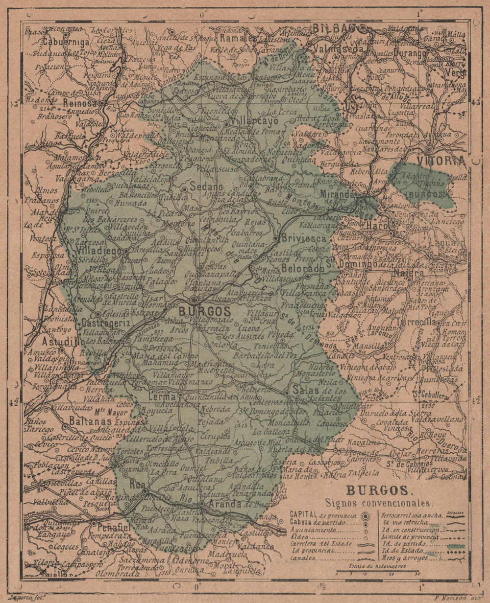 BURGOS. Castilla y León. Mapa antiguo de la provincia 1908 old antique