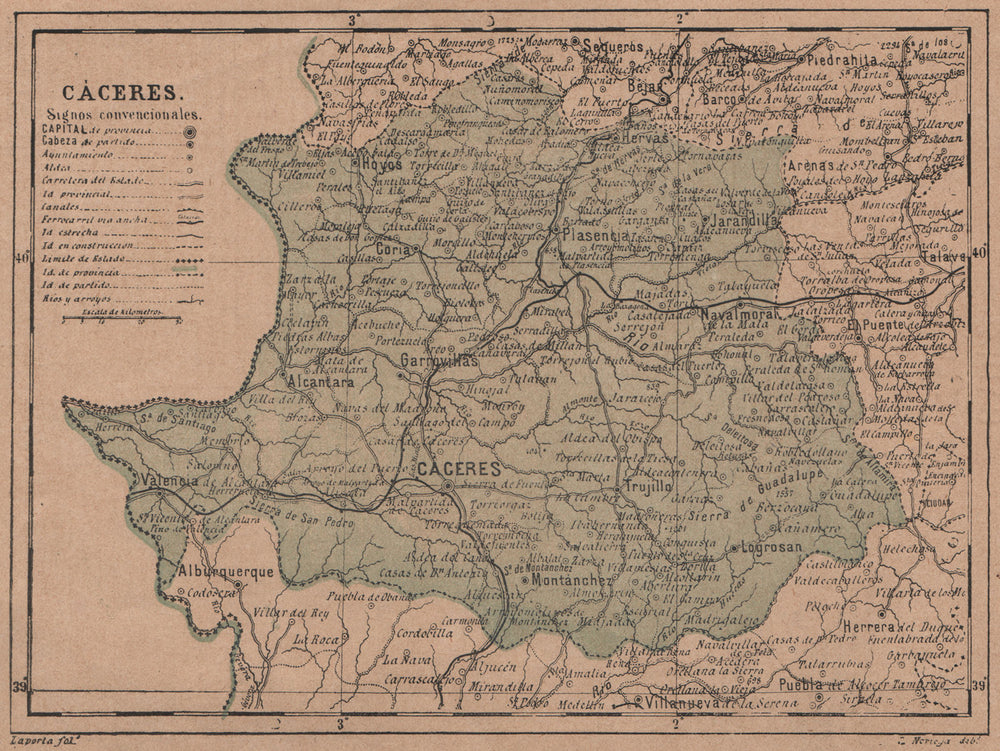 CÁCERES. Caceres. Extremadura. Mapa antiguo de la provincia 1908 old