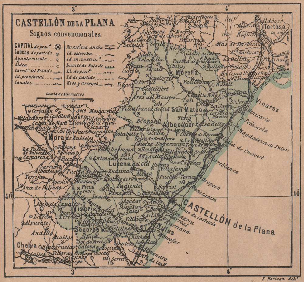 CASTELLÓN DE LA PLANA Comunitat/Comunidad Valenciana Mapa antiguo provincia 1908