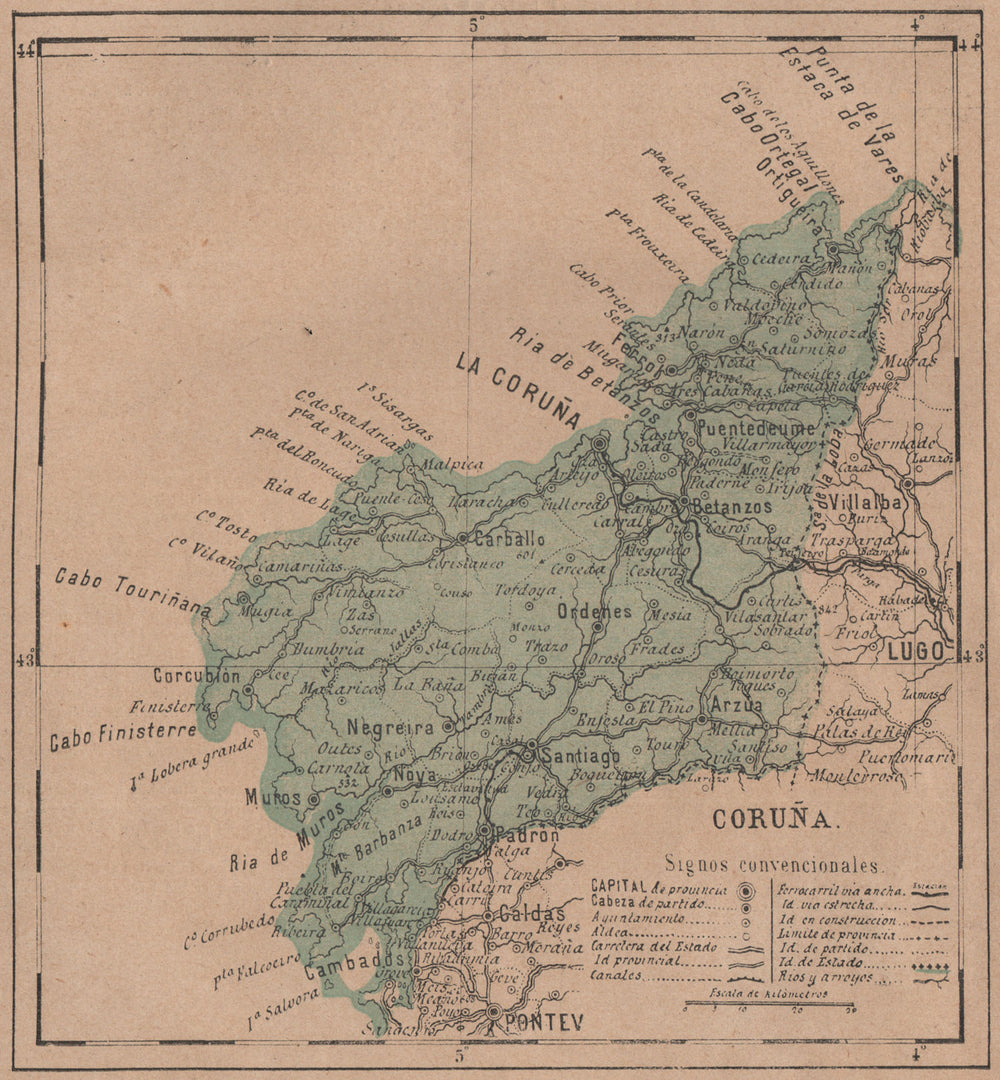 LA CORUÑA. A Coruña, La Coruna. Galicia. Mapa antiguo de la provincia 1908
