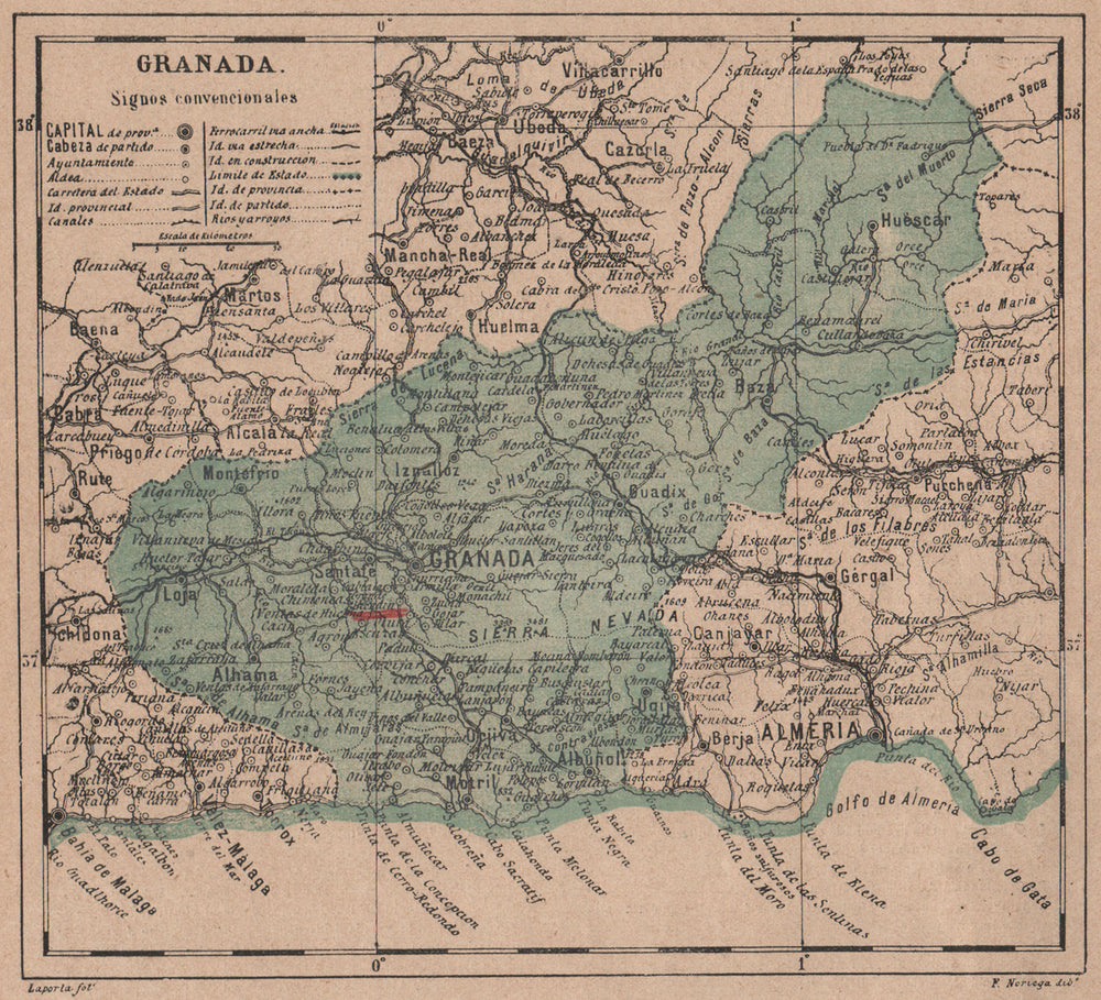 GRANADA. Andalucia. Mapa antiguo de la provincia 1908 old antique chart