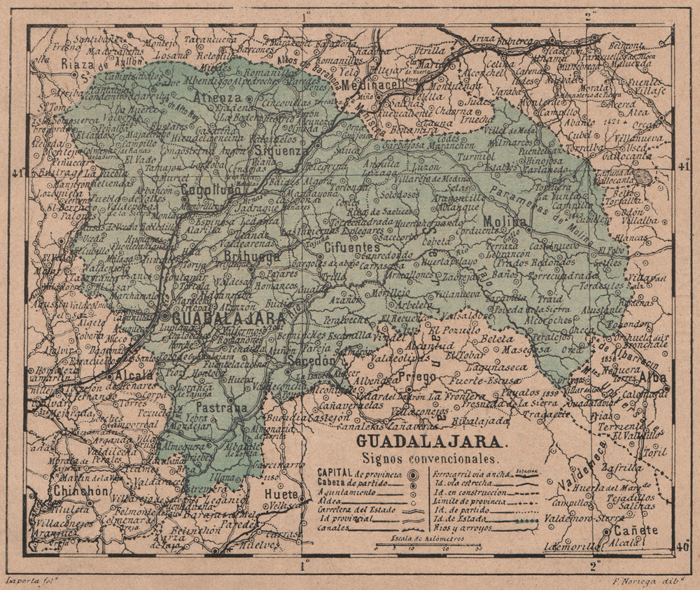 GUADALAJARA. Castilla-La Mancha. Mapa antiguo de la provincia 1908 old