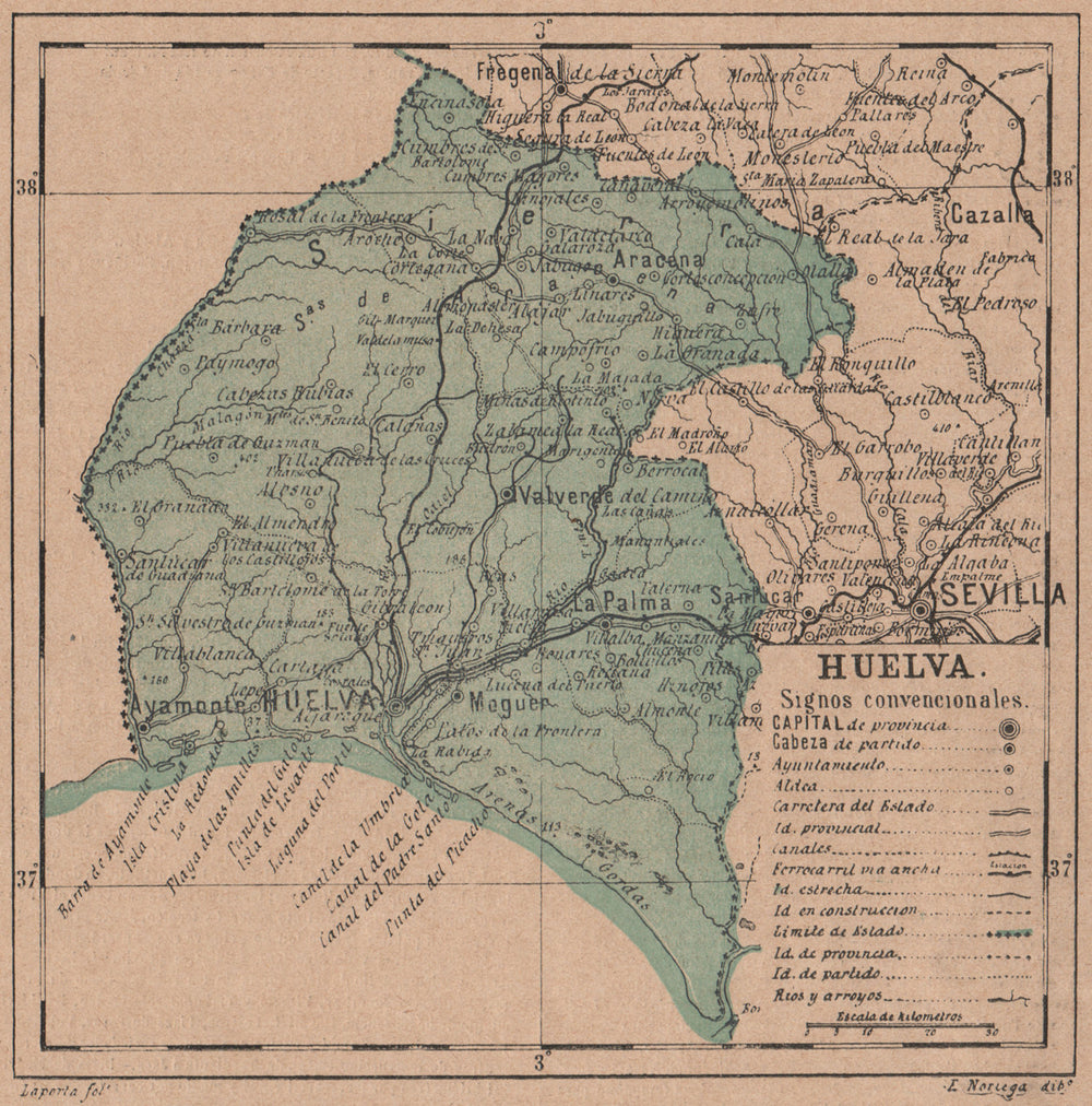 HUELVA. Andalucia. Mapa antiguo de la provincia 1908 old antique chart