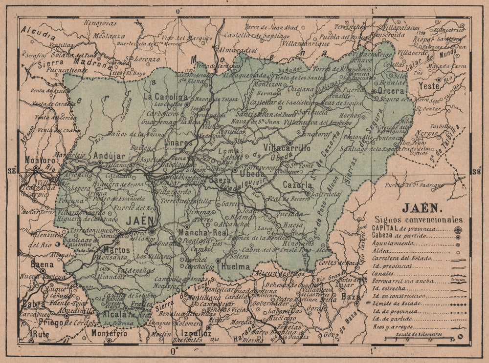 JAÉN. Jaen. Andalucia. Mapa antiguo de la provincia 1908 old antique chart